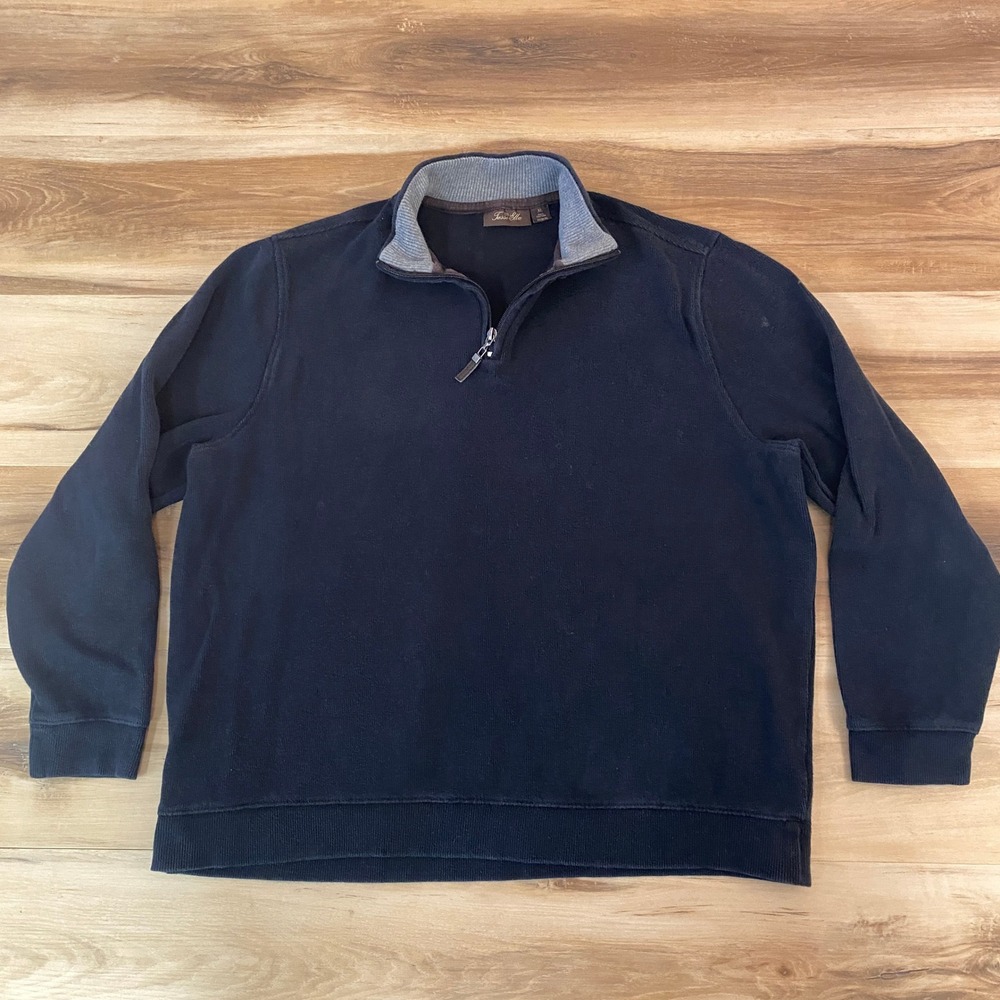 Tasso Elba Sweater Mens XL Black 100% Cotton Quarter Zip Mock Neck Pullover